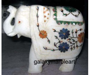 Alabaster marble stones inlaid white elephant ht 5" e-508